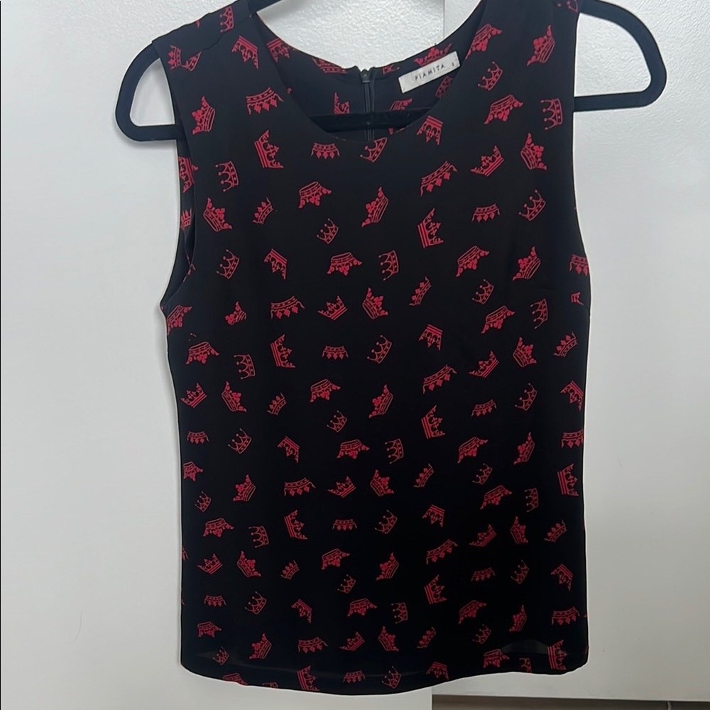 Piamita Black Silk Tank Top Red Crown Print Sleeveless Blouse Size Small